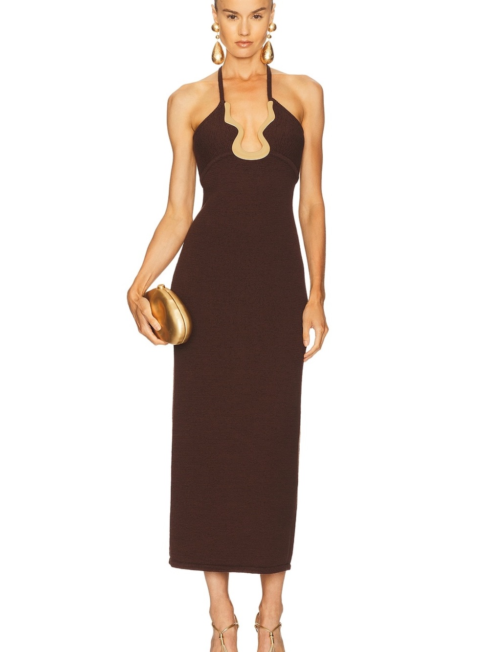 Cult Gaia Valma Java Brown Halter Knit Midi Dress Gold Hardware NWT Size S - Picture 1 of 7